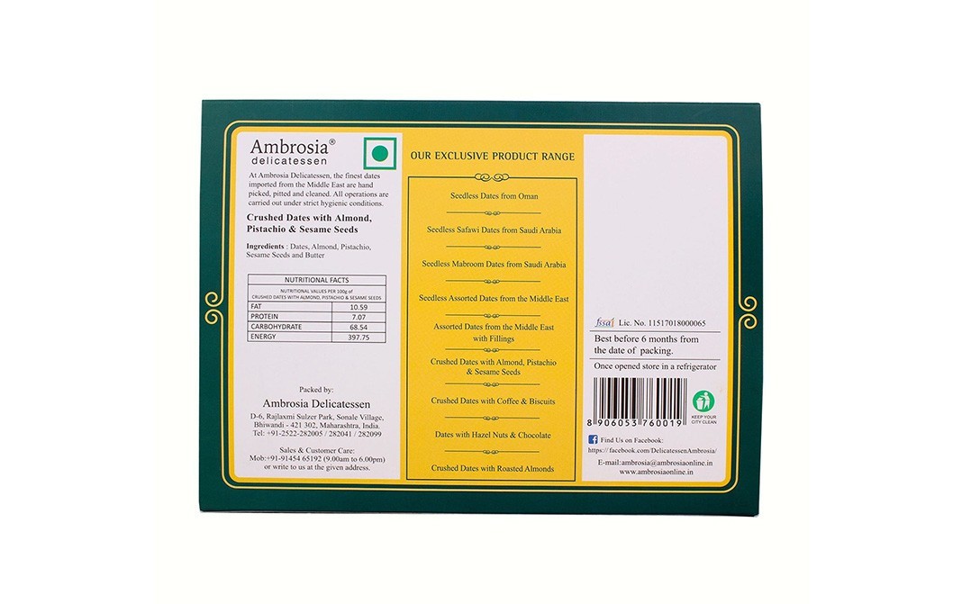 Ambrosia Delicatessen Crushed Dates With Almond, Pistachio & Sesame Seeds   Box  250 grams